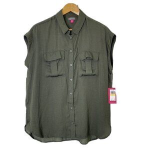 Vince Camuto Women's M Button Front Cap Sleeve Collared High Low Hem Shirt Green